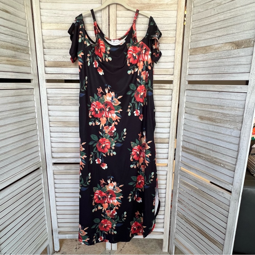 Black with Floral Print Open Shoulder Maxi Dress